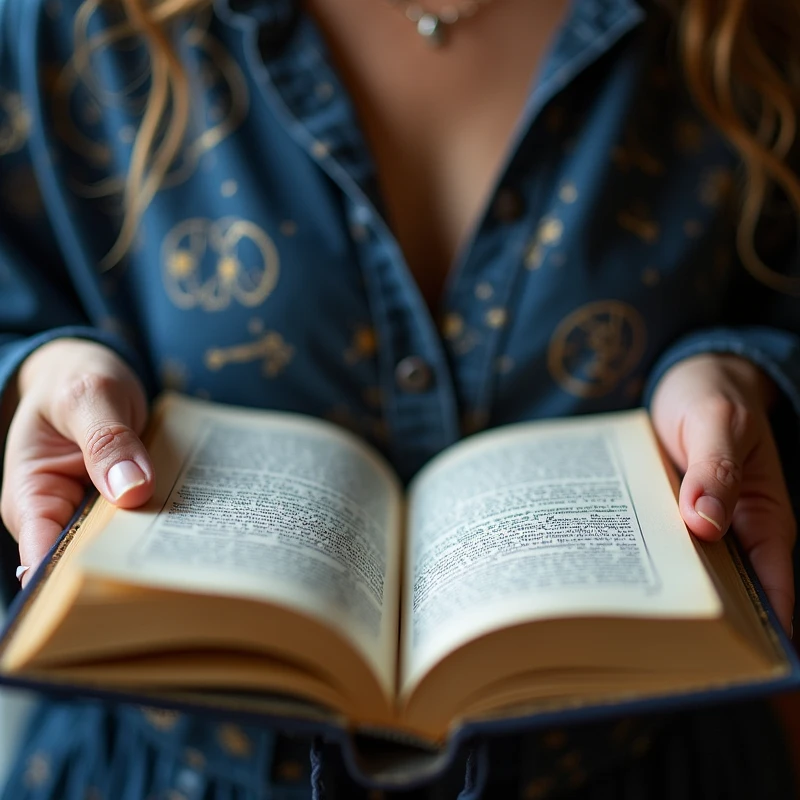 Create an image of a 37 year old woman with an open numerological book or study in her hands, with blue and gold details. Show female hands flipping through pages, to give a human and specific touch.