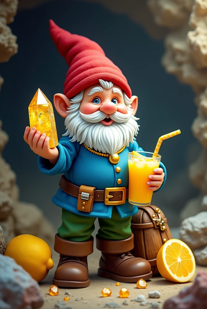 a mining gnome., wearing blue shirt, green pants, brown boots and belt, Red Hat, necklace with citrine crystal.
The gnome is holding a citrine crystal and a glass of lemonade with a lemon slice and straw inside..
ao redor, a bag, chest or cart full of citrus fruits, precious stones and some lemons.
add a small shiny piece of citrine to the lemonade.
add a working tool add more crystals around The setting is a cave with geodes or shiny gemstones.
