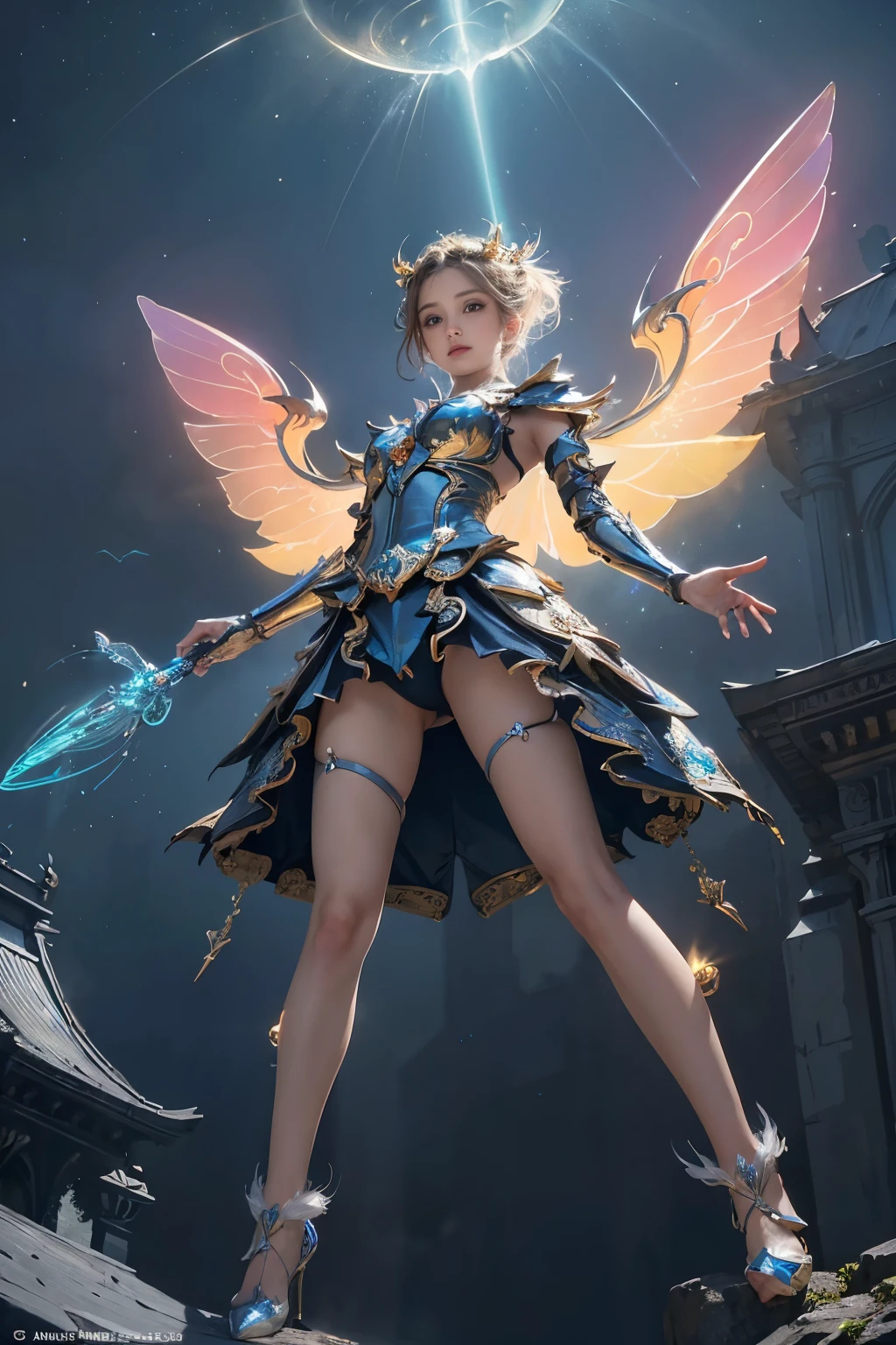 (best quality, masterpiece, colorful, dynamic angle, from below, highest detailed)upper body photo, full body photo, fashion photography of cute mechangel, glowing 4 wings, solo, glowing armor, glowing halo, building, glowing mechanical 4 wings (intricate details, hyperdetailed:1.15), detailed, light passing through hair, (official art, extreme detailed, highest detailed), HDR+