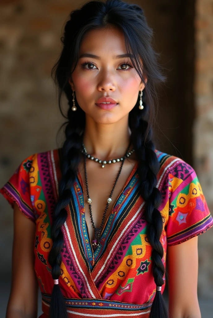 Woman with two braids and her skirt from Bolivia