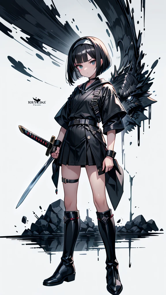 mature Bobcut Black Hair expensive Narrow eyes Glaring at me Glare frivolous attitude Black Sailor Suit armor Put a headband around your forehead Small hands Handguard gloves Black boots Holding the Japan sword battlefield