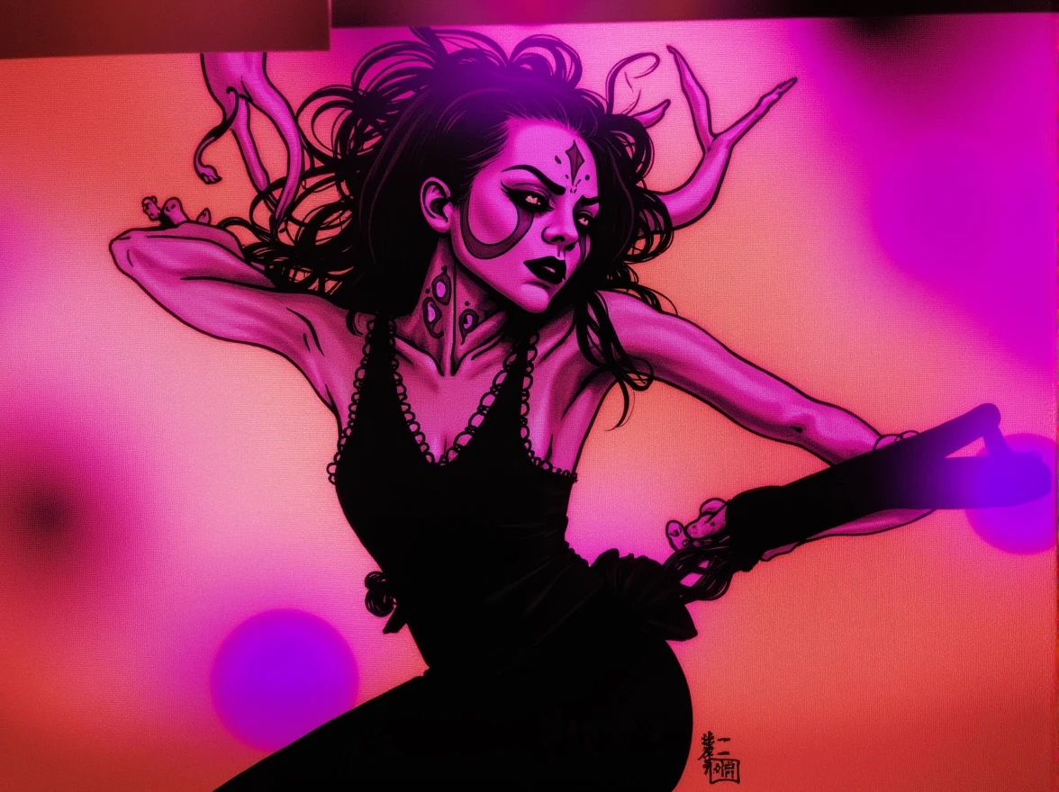 An expressive over the shoulder unfinished cartoon sketch featuring a hairless figure Medusa in a maxi dress. MEDUSA has snakes on their head with accurate snake bodies, snake scales, and a snake tail rattle. The drawing includes ornate corpsepaint blackmetal facepaint, resembling Grace Jones. The style blends the art aesthetics of Sean Gordon Murphy and Joelle Jones with a rough sketch charcoal art style. The sketch shows rough-draft pencil lines underneath with bold lines over a rough-sketch inking, using an ink and charcoal blend. The scene is set in the pine barrens with sparse trees, emphasizing a candid, sorrowful expression. The sketch uses angular and expressive lines in an incomplete, unfinished style, evoking a sense of decay. Colors include red, yellow, and blue (RYB coloring), (sfw), clothed. --no polished --no clean --no detailed --no smooth --no refined