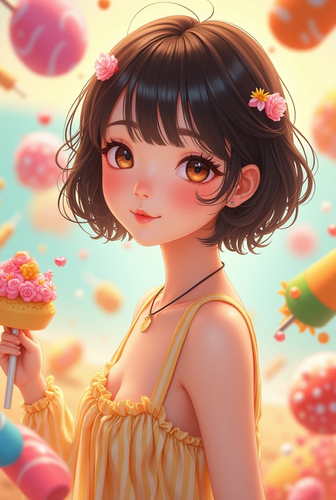 Cute korean girl that has a short hair . Her outfits are summer concept and has candy evrywhere. Her eyecolor are brown