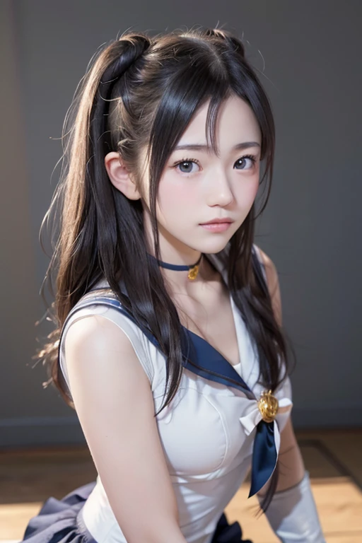 1 female，（Realistic，Realistic：1.5），（masterpiece），（Highest quality：1.4），（Hyper HD：1.2），（RAW Photos：1.2），（Sharp focus：1.3），（Face Focus：1.2），Japanese Girls，Professional attire，（Young 17-year-old：1.1），（Smile：1.5），（Hairy Cut：1.6），（Beautiful Face：1.7），（Beautiful dress with attention to detail：1.4），（Japanese Girlsの胸のプロの写真， （： 1.3）， （Wide open chest），Short, thin hair， （Both sides up）， （Simple gray background： 1.6）， Beautiful golden light， break， （big）， Beautiful and beautiful eyes， （Adorable），masterpiece, Highest quality, One girl,tsukino usagi,Gray background, gloves,Sailor Moon、whole body、