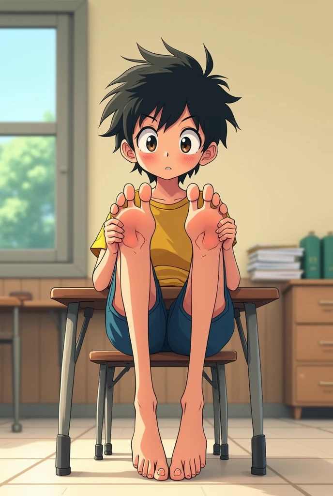 2D anime style, nerd barefoot boy school 7 sitting on empty table lifting long feet, wrinkled soles,
