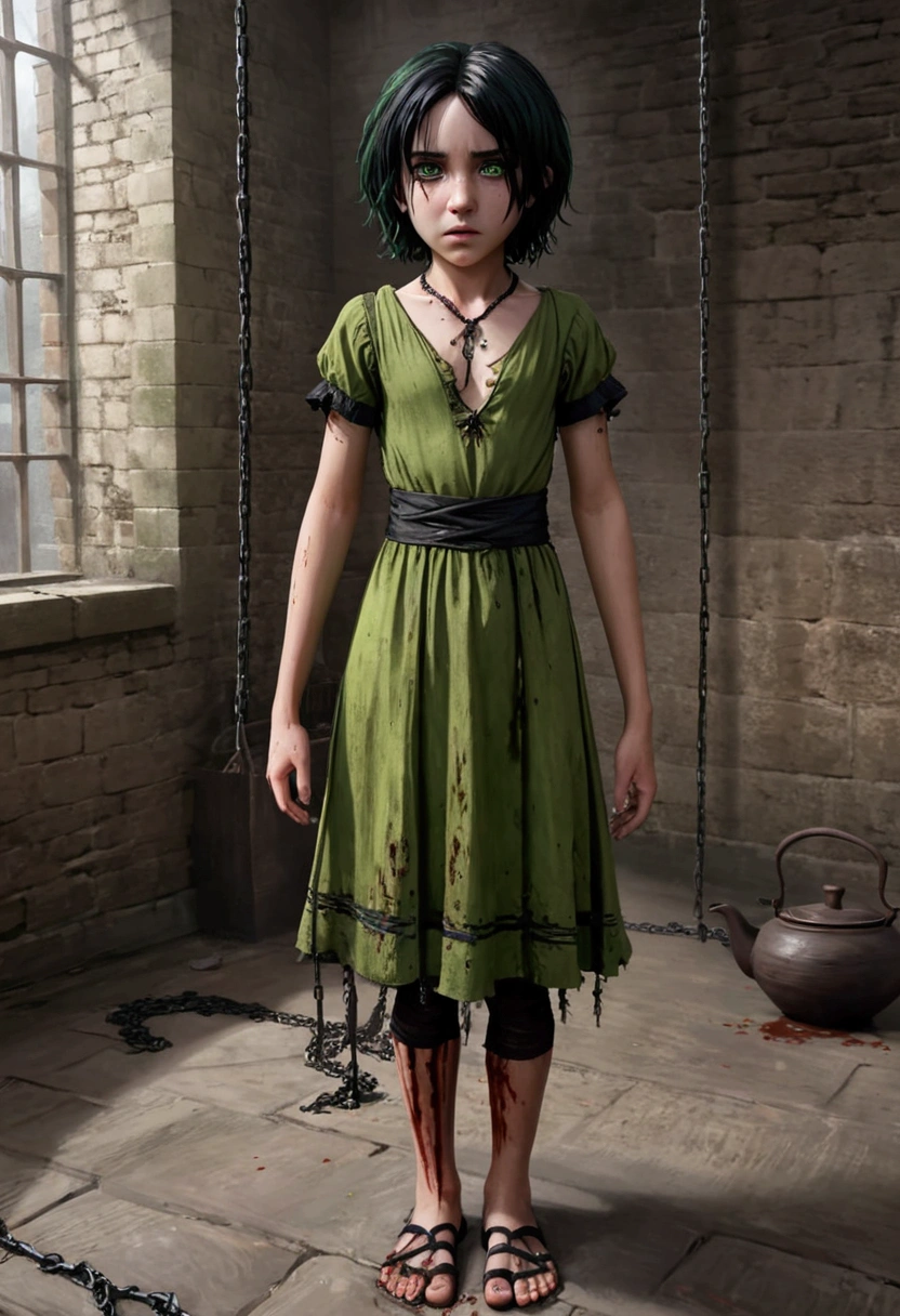 ((Severus Snape's daughter, ,)),Green eyes , short black hair, (Tea plot and cropped rag dress), (Enslaved), Chained, Sad, hurt, (abused), (Slave market), Crying, Full body view, the scars, (Bleeding)