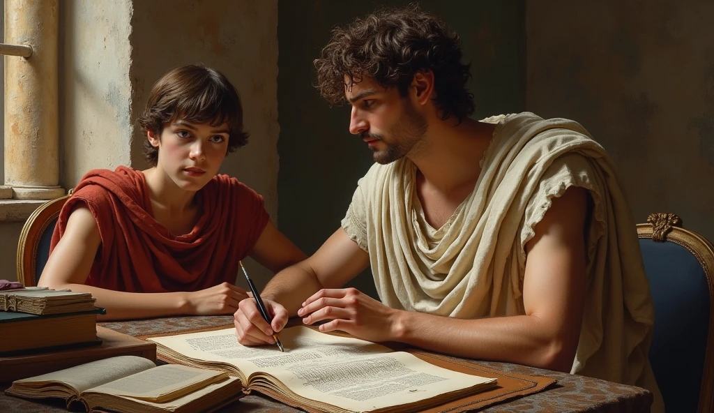 2. **Young Alexander with Aristotle**: “A young Alexander the Great studying under the philosopher Aristotle, surrounded by scrolls and ancient texts in a classical Greek setting.”