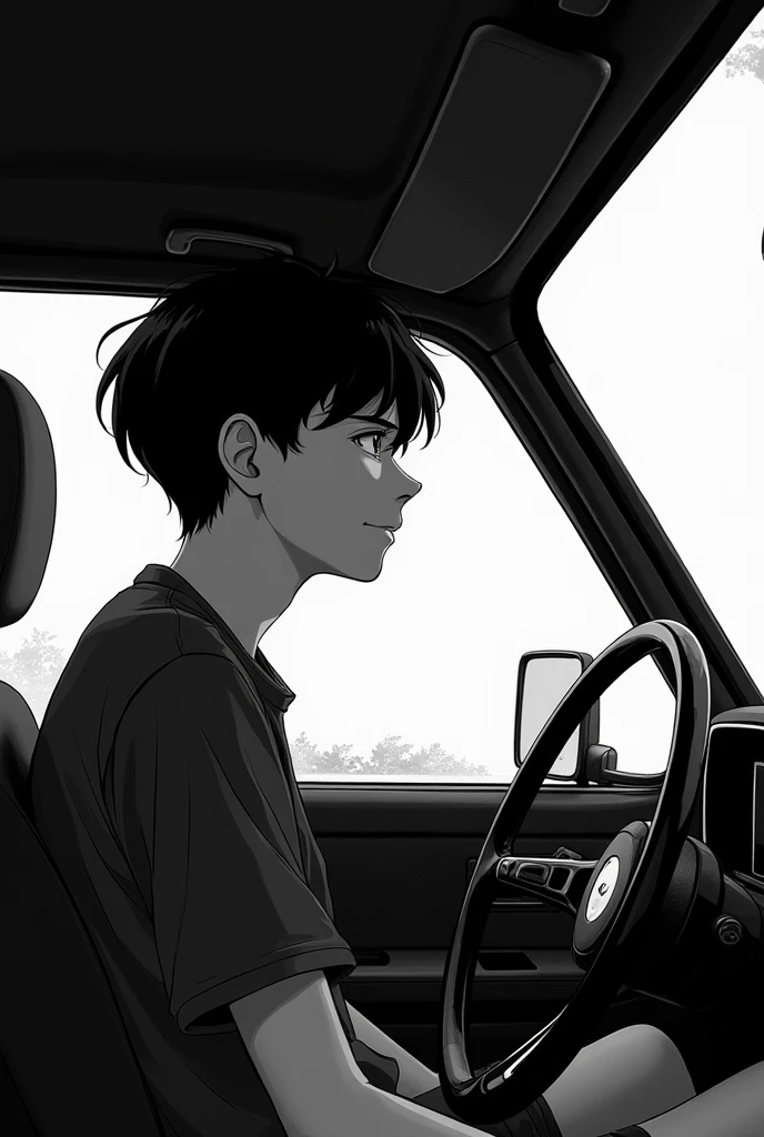Black and white Manga teen with a little smile looking the outside of the road from the inside of his car. With the angle coming from de inside of the car pointing directly at his face
