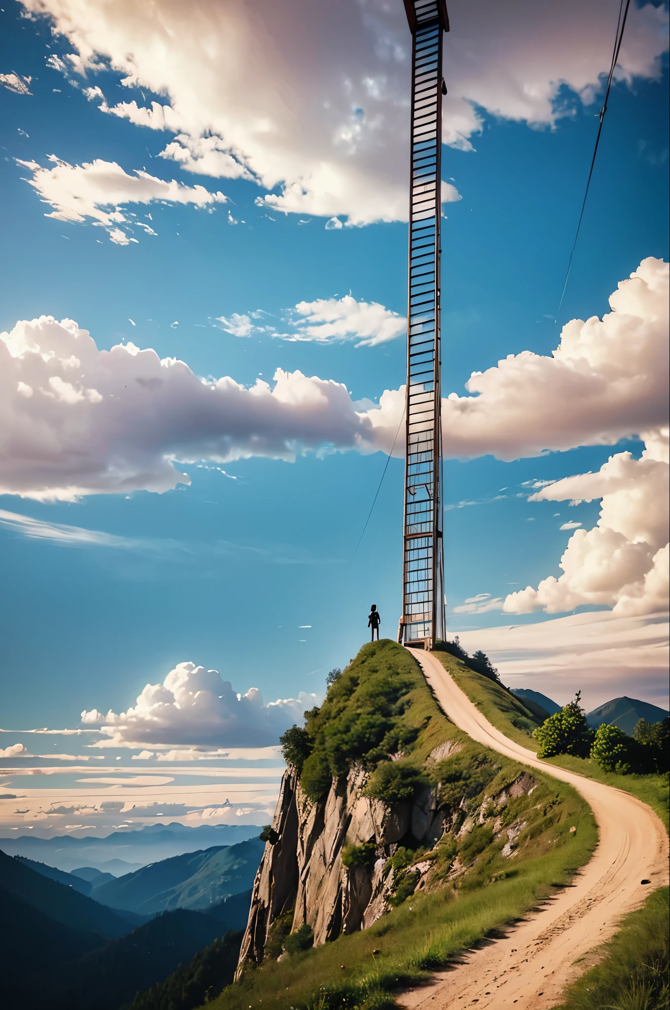 8K, Ultra HD, a black and white illustration of a stepstair that leads the the Heaven in the sky. Clouds. A man at the top of the hill waiting to climb the stairway to Heaven. (B&W:1.5)