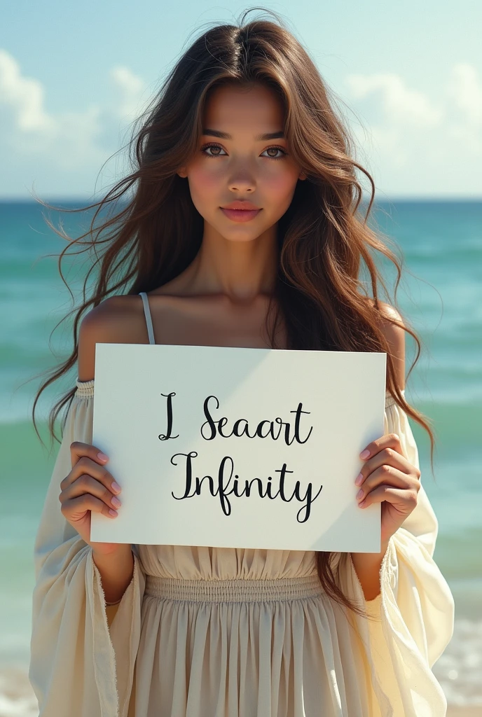 Beautiful girl with wavy long hair, bohemian dress, holding a white board with text "I Love Seaart Infinity" and showing it to the viewer