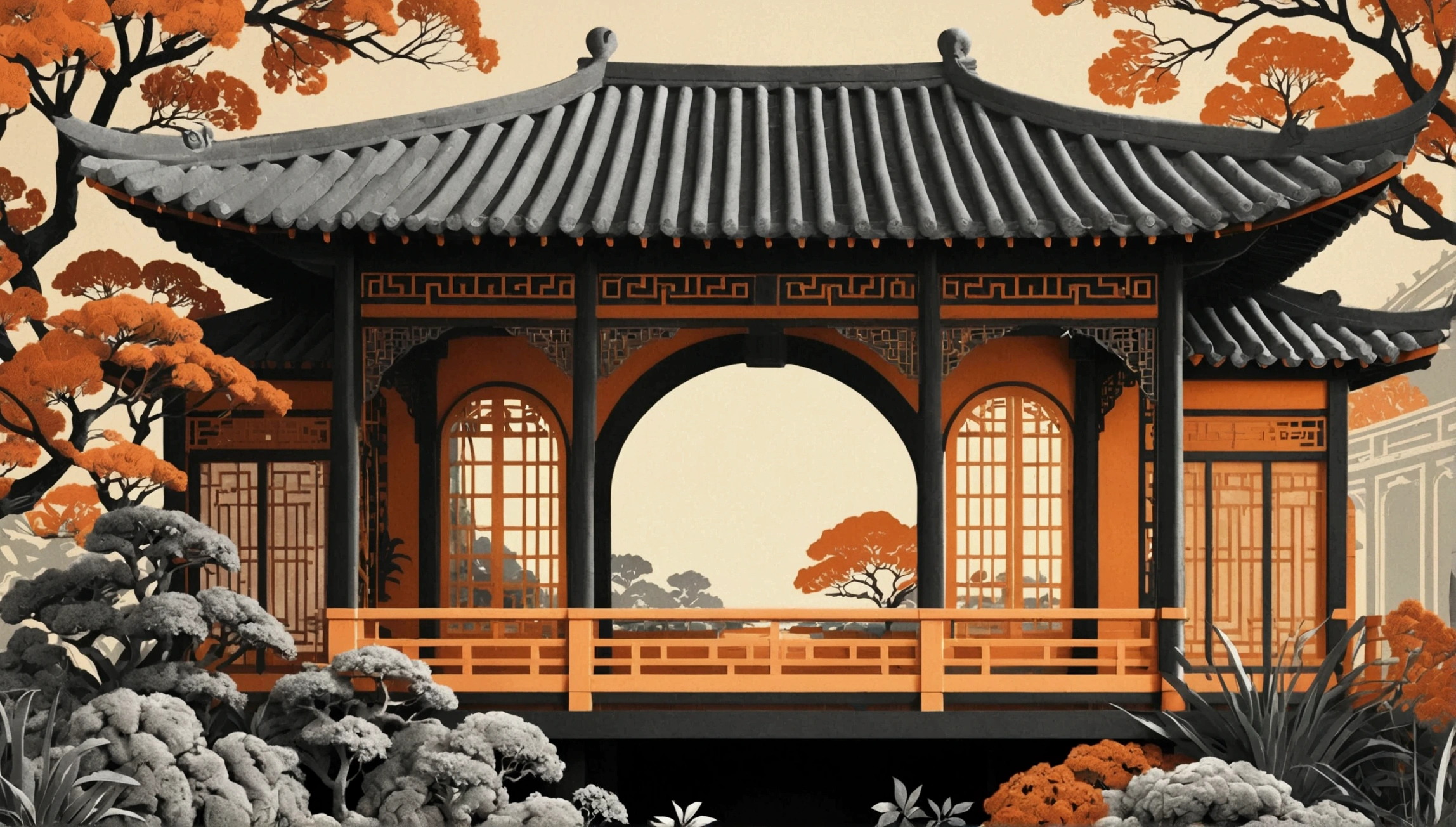 a minimalism illustration of a user interface of a garden, a Chinoiserie Pavilion roof tiles,Lattice window,  eaves, Chinese arch, bridge, 3d, vibrant colors, solid one color background, gradiant, posterized, half-tone, noise, paper texture, geometric shapes, monochrome, black and white and brown, paper cut, college, surrealism