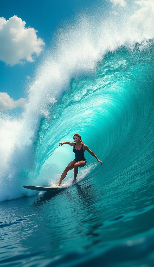 (best quality,4k,8k,highres,masterpiece:1.2),ultra-detailed,(realistic,photorealistic,photo-realistic:1.37), ((((A female surfer a big wave )))),tropical island, crystal clear turquoise water, blue sky with fluffy clouds, sun glare, ocean spray,wet suit,