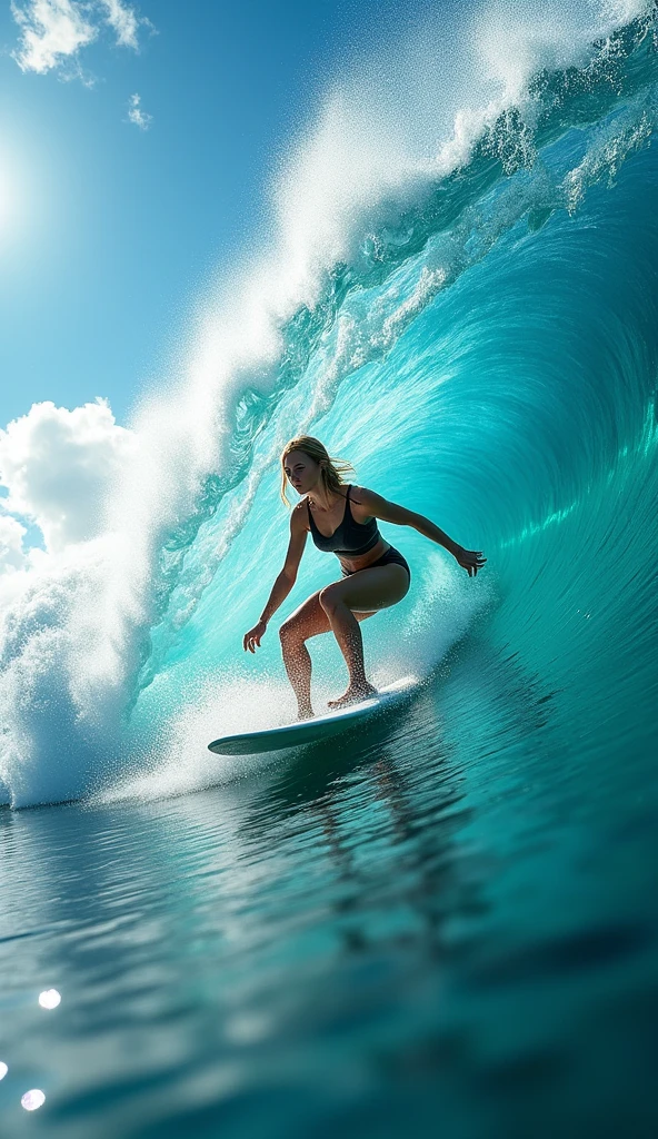 (best quality,4k,8k,highres,masterpiece:1.2),ultra-detailed,(realistic,photorealistic,photo-realistic:1.37), ((((A female surfer a big wave )))),tropical island, crystal clear turquoise water, blue sky with fluffy clouds, sun glare, ocean spray,wet suit,

