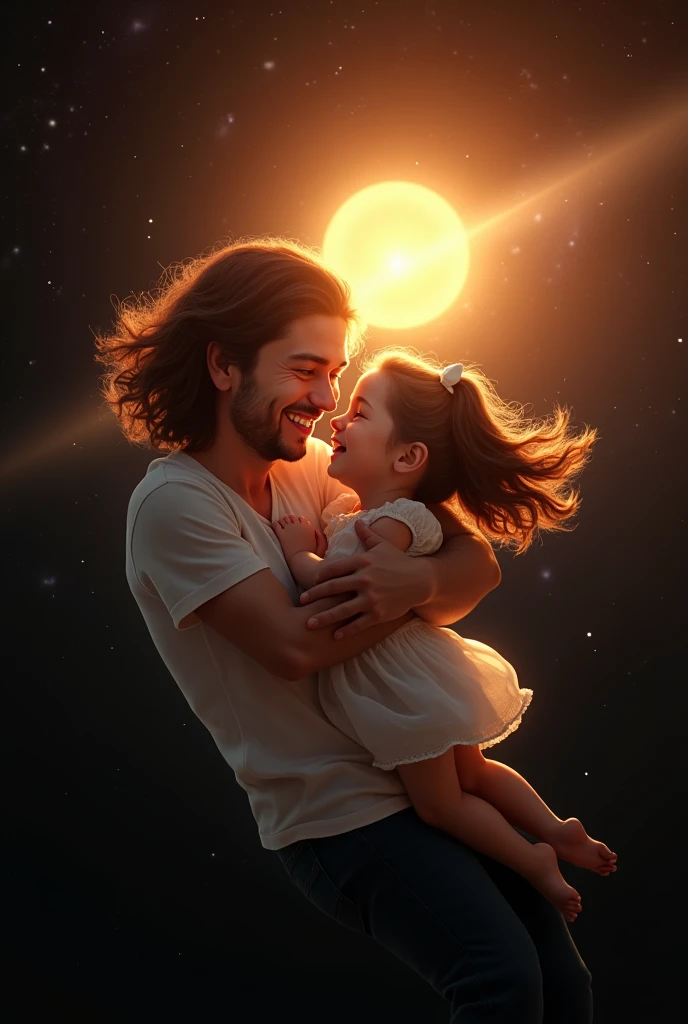 Father Mother Daughter Smiling In space And a sun