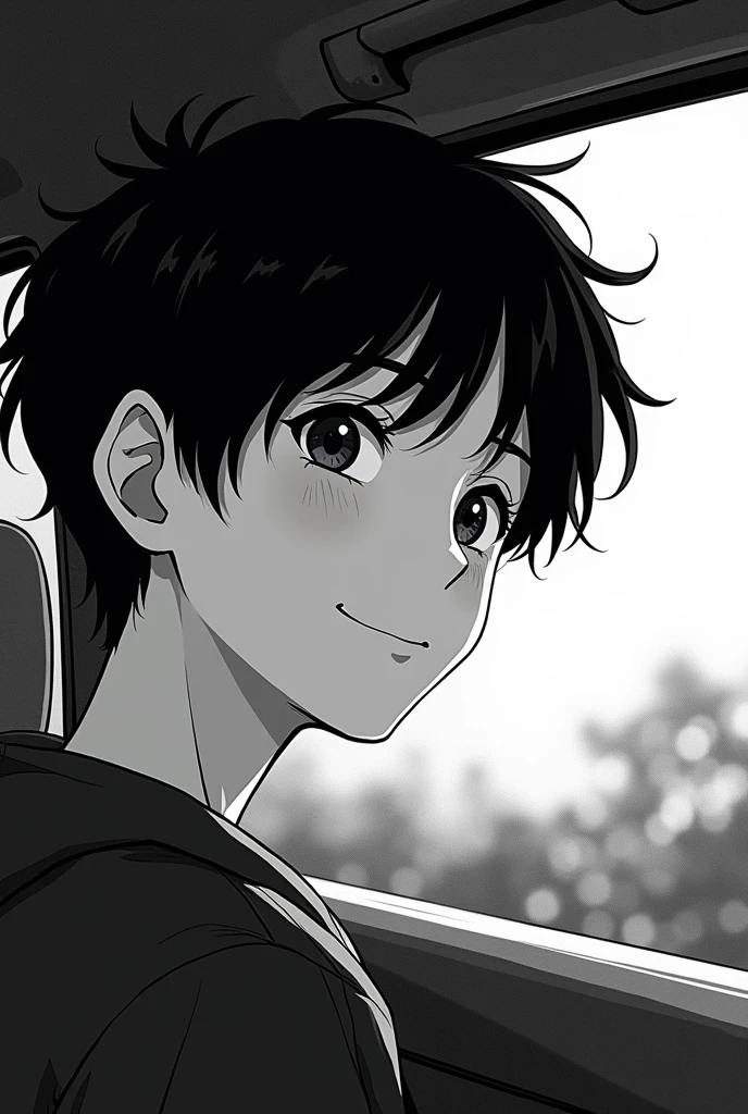 Black and white Manga  with a little smile looking the outside of the road from the inside of his car. With the angle coming from de inside of the car pointing directly at his face