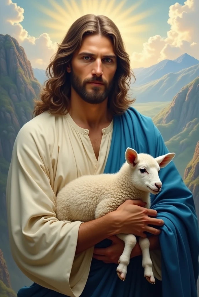 Jesus,portrait, soft light, a man with long brown hair and a beard, wearing a white robe and a blue sash, holding a lamb in his arms, smiling gently, mountains and clouds in the background, 8k, oil painting