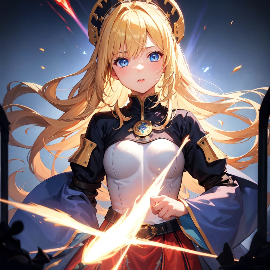 (One girl、Medieval Knight), Blonde, blue eyes, Fire Witch, Blood, Particles of light, light, wallpaper, High Contrast, colorful,