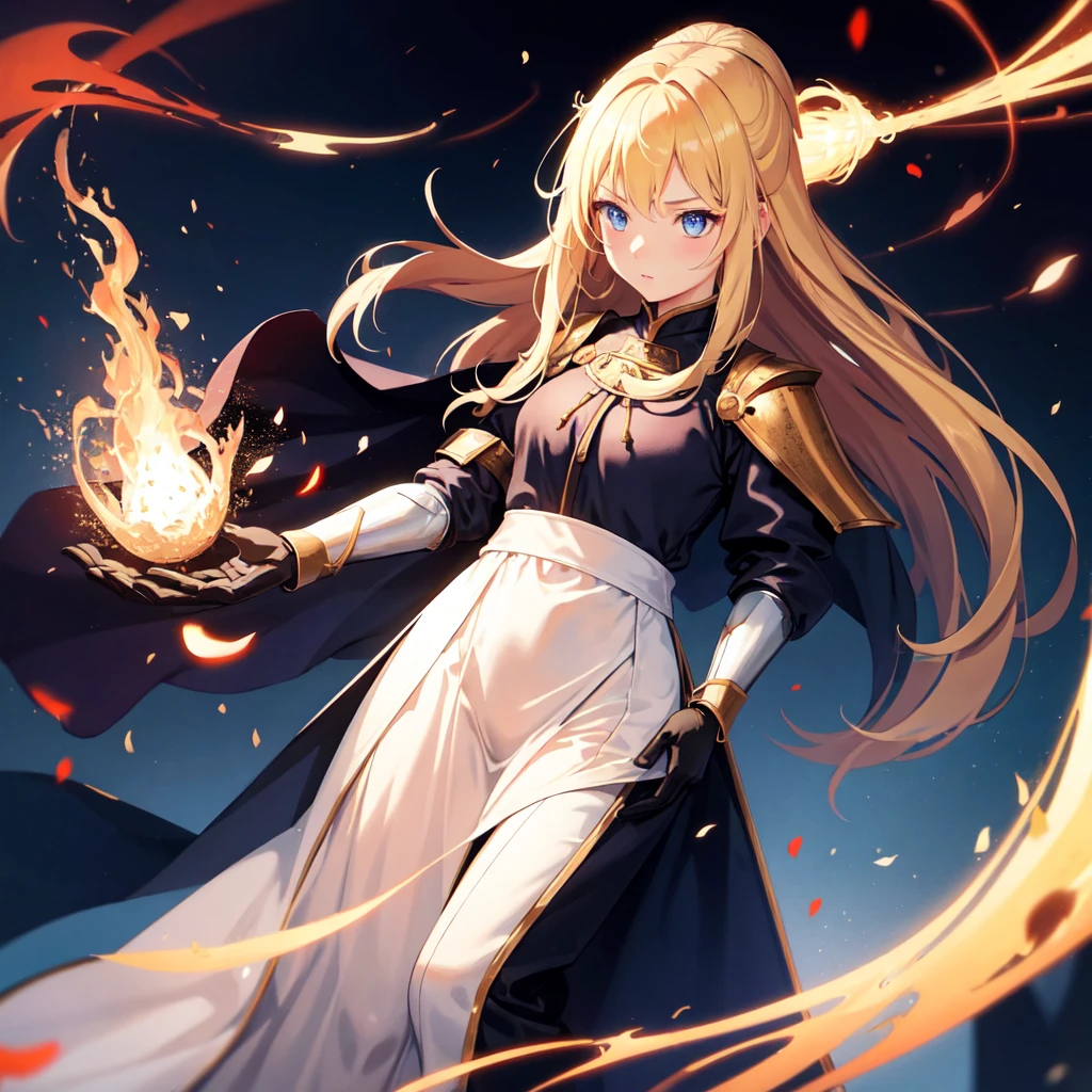 (One girl、Medieval Knight), Blonde, blue eyes, Fire Witch, Blood, Particles of light, light, wallpaper, High Contrast, colorful,