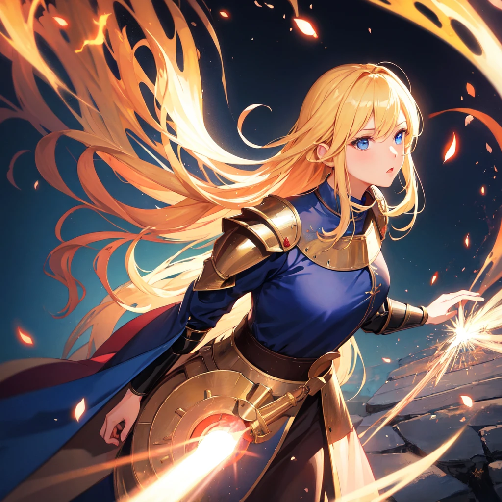 (One girl、Medieval Knight), Blonde, blue eyes, Fire Witch, Blood, Particles of light, light, wallpaper, High Contrast, colorful,