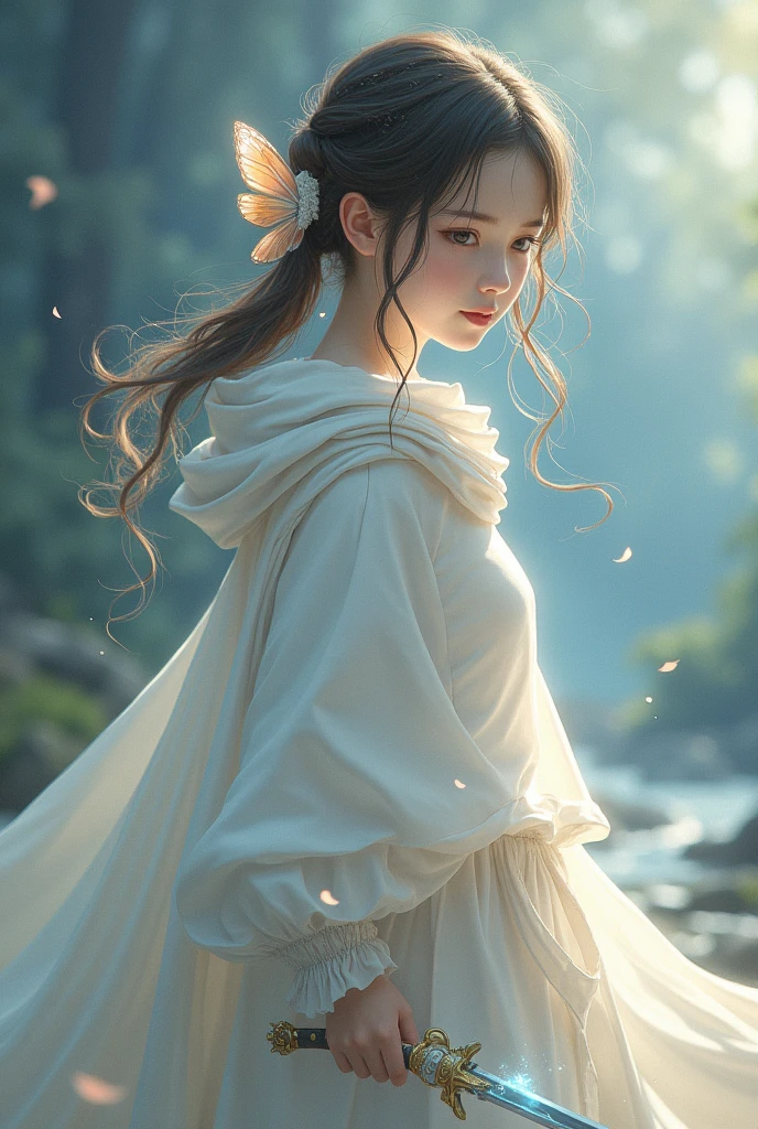 I drew a cute and gentle girl wearing a white cloak, her hair tied to the side, a butterfly hair accessory, and a sword to defeat demons.