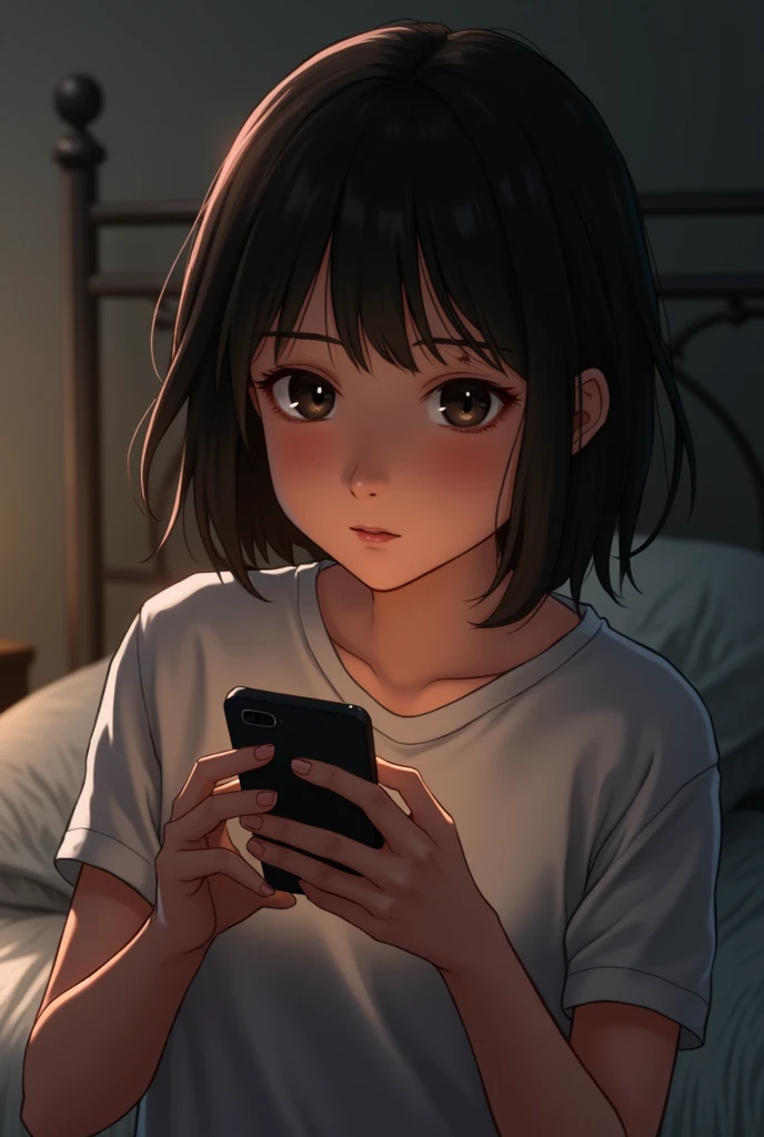 16 year old teenager receiving a text message from a certain augusto, She is brunette, short black hair, spot in his right eye, straight black hair.