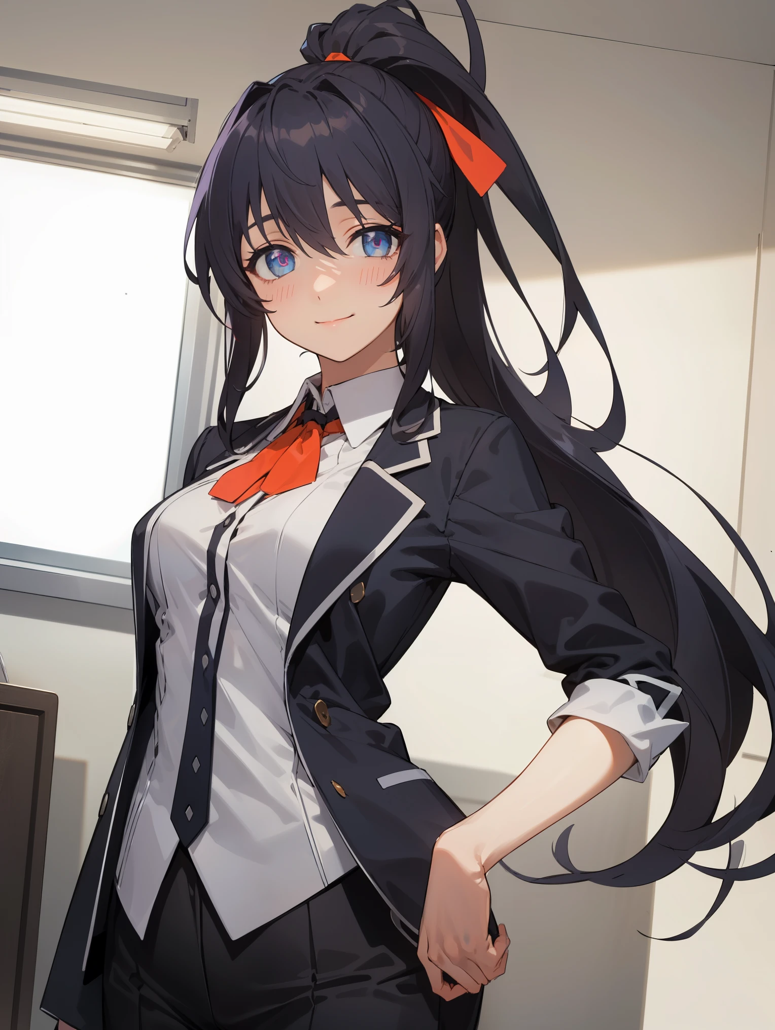 HimejimaAkeno, 1girl, closed mouth, smile, blush, black hair, long hair, purple eyes, ponytail, red ribbon,
BREAK (office clothes,strict suit:1.2)
BREAK camera angle from below, smiling,standing,
BREAK (masterpiece:1.2), best quality, high resolution, unity 8k wallpaper, (illustration:0.8), (beautiful detailed eyes:1.6), extremely detailed face, perfect lighting, extremely detailed CG, (perfect hands, perfect anatomy),