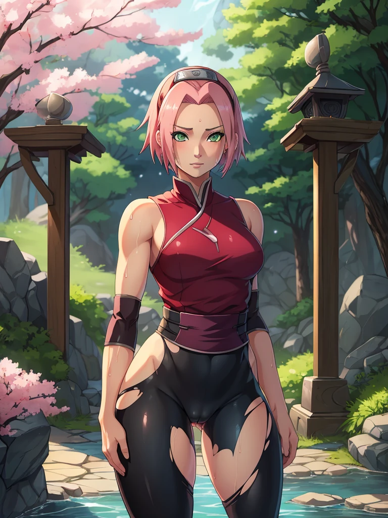 Nsfw, fighting pose with legs spread, wet pussy, urination, ((ultra quality)), ((masterpiece)), girl , Haruno Sakuro as a child, naruto, ((Pink short hair)), (Beautiful cute face), (beautiful female lips), charming, ((sexy facial expression)), looks at the camera, eyes slightly open, (skin color white), (blue skin), highlights on the body, ((detailed beautiful female eyes)), ((green eyes)), (juicy female lips), (black eyeliner), (beautiful female hands), ((ideal female figure)), ideal female body, beautiful waist, small hips, beautiful , ((Slim and beautiful)), (Sakura Haruno Clothes, wet transparent tight shorts torn at the crotch, Pussy visible, leggings with hole in pussy, Wet Leaf Village Shinobi Clothes) background: Hidden Leaf Village, Naruto Shippuden, ((depth of field)), ((clear high quality image)), (clear details), ((high detail)), Really, professional photo shoot, ((clear focus)), anime