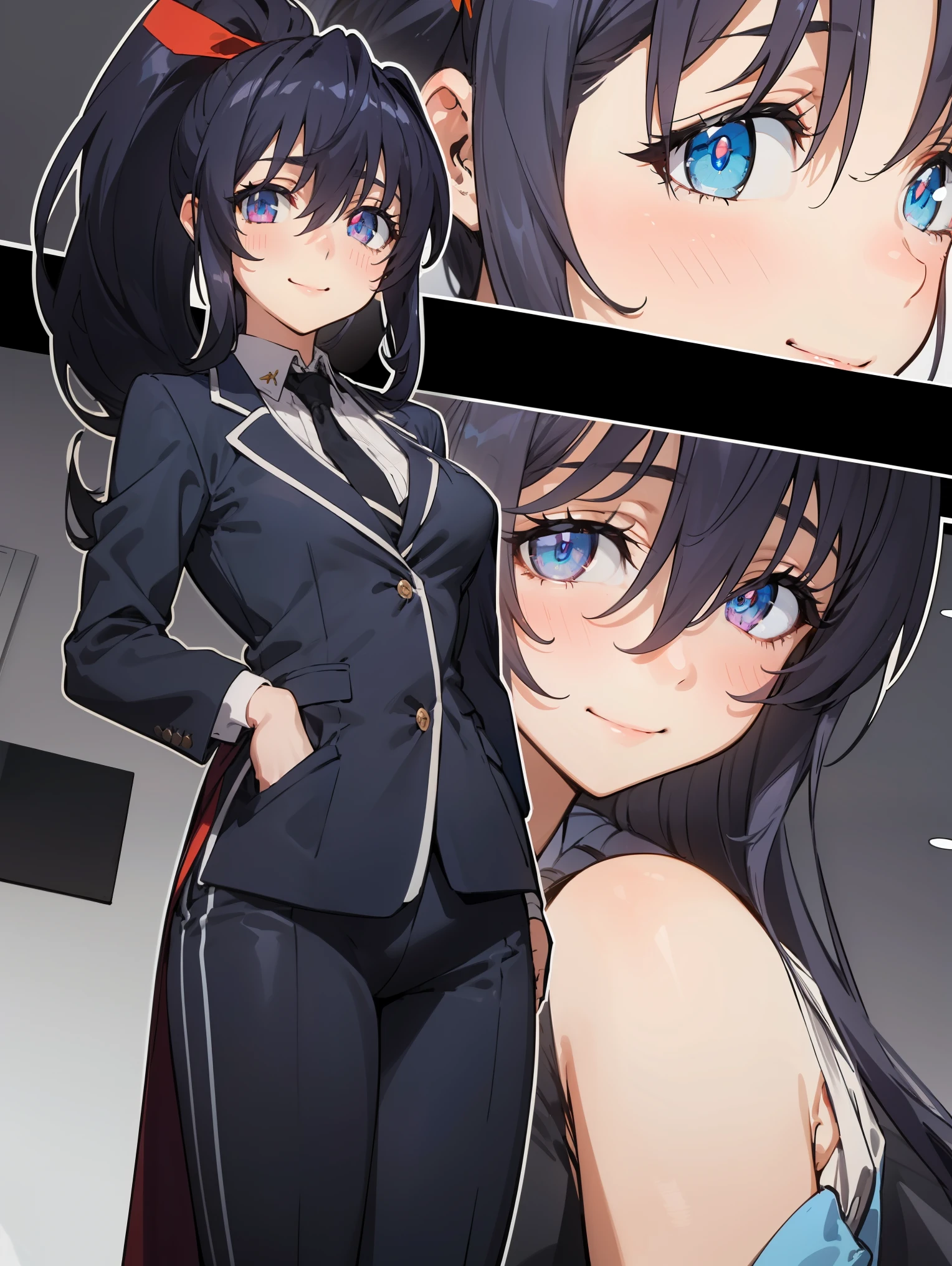 HimejimaAkeno, 1girl, closed mouth, smile, blush, black hair, long hair, purple eyes, ponytail, red ribbon,
BREAK (office clothes,strict suit:1.2)
BREAK camera angle from below, smiling,standing,
BREAK (masterpiece:1.2), best quality, high resolution, unity 8k wallpaper, (illustration:0.8), (beautiful detailed eyes:1.6), extremely detailed face, perfect lighting, extremely detailed CG, (perfect hands, perfect anatomy),