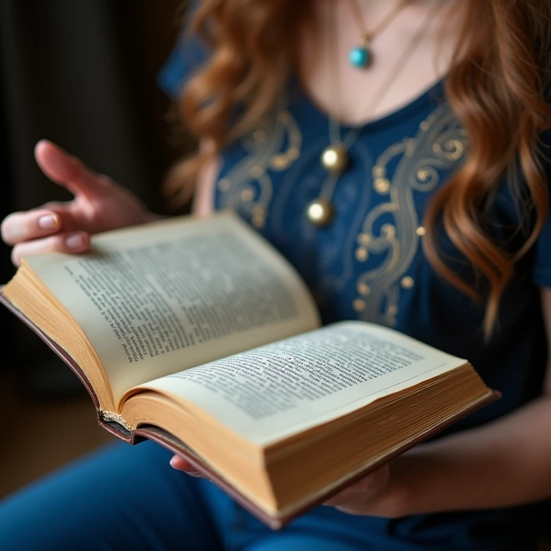 Create an image of a 30 year old woman with an open numerological book or study in her hands, with blue and gold details. Show female hands flipping through pages, to give a human and specific touch.