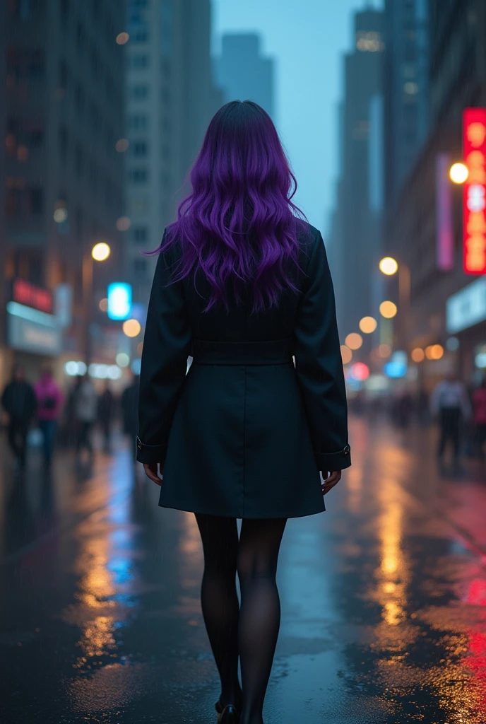 (One girl), masterpiece, photoRealistic, 8k, (Realistic: 1.2), whole body, View your viewers, pantyhose, Purple Hair, (Kafka: 1.2), walk, beauty, (Medium chest: 1.2) night, night sky, city, cityscape, rain, (dramatic: 1.2)