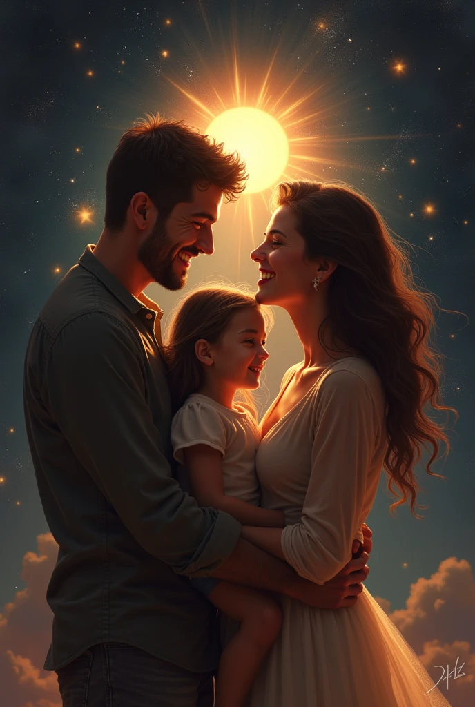 Father Mother Daughter Smiling In space And a sun