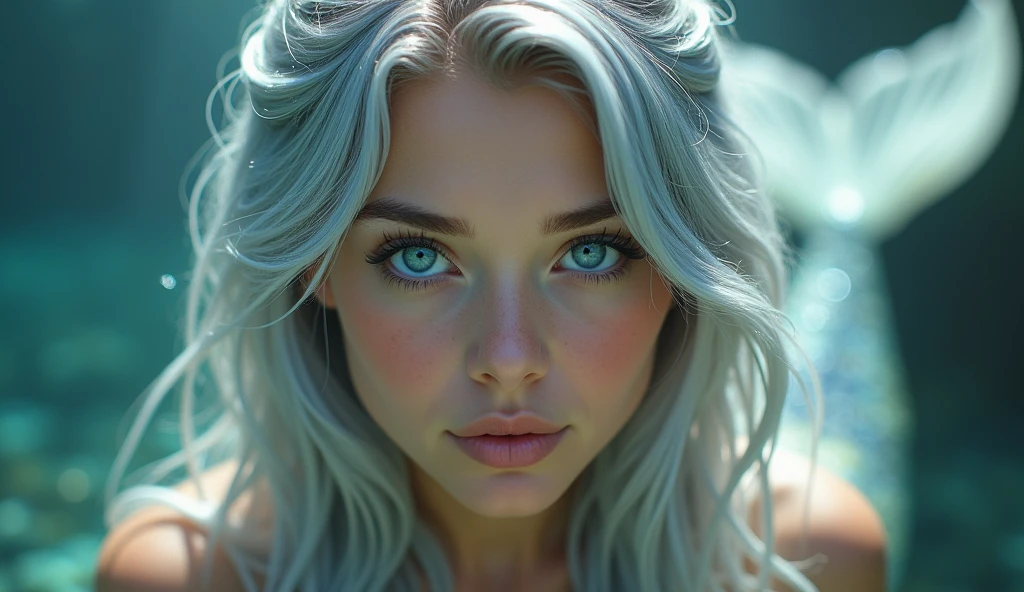 A mermaid with a silver hair and a blue eyes portrait