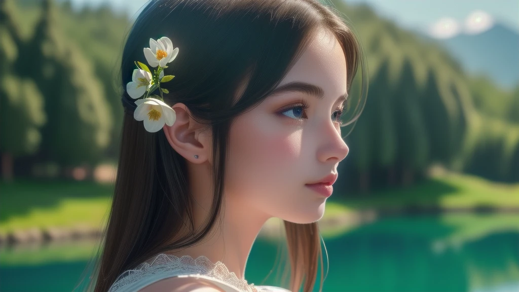 (1 girl, realistic, upper body, detailed face, beautiful dress), (best quality, masterpiece, high quality, 1girl, solo, (upper body, beautiful dress), illustration, beautiful detailed girl, beautiful detailed glow, beautiful detailed eyes, highres, detailed, high resolution illustraion, ultra-detailed, detailed background, beautiful detailed face), ((background: Capture a picturesque landscape with lush green hills, a clear blue sky, and a tranquil lake reflecting the surroundings. Include intricate details such as blooming flowers, tall trees, and birds in flight to evoke a sense of peace and natural beauty.))