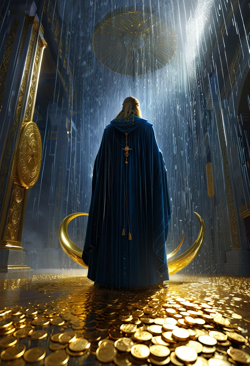 lord of mystery, money rain, Tending on artstation, concept art, soft light, hdri, smooth, sharp focus, illustration, wide angle, golden ratio, mythological, cinematic
