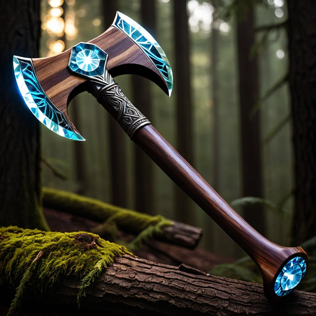 Design:
Aesthetic: The Terra-Breaker Axe features a stunning blend of earth and light elements. The axe head is adorned with luminous veins of Luminic Crystal, giving it an ethereal, glowing appearance. The handle is crafted from Celestial Ironwood, an otherworldly wood that emits a soft, radiant light.
Material:
Luminic Crystal: A rare gemstone infused with Luminic Energy, embedded in the axe head to amplify its seismic capabilities.
Celestial Ironwood: A magical wood that channels Luminic Energy, making the handle both durable and glowing with an inner light.