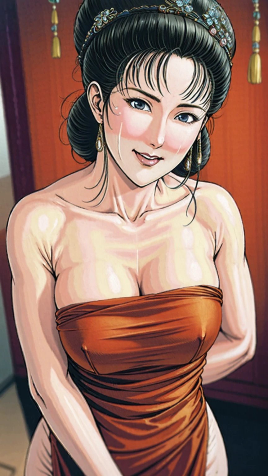 (best quality), (very aesthetic), (ultra-detailed), (best illustration),(a mature female),(perfect face),Suikoden,Mrs. Lin,(((NSFW))),((full_body)),((full_NUDE)),(Woman with pubic hair),Confused,red cheek,sweating,skinny,flushed skin,(standing),traditional Chinese bedroom,