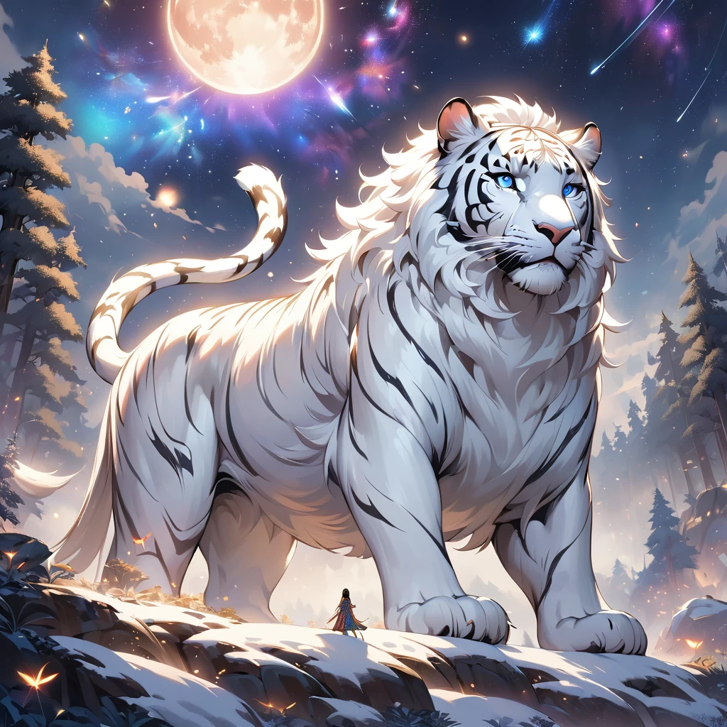 extensive landscape photography (a view from below showing the sky above and an open forest below), beautiful detailed Hindu goddess Durga, riding a fierce white tiger, standing looking at the landscape, full fur, magical fur (light particle around the white tiger), magic particle, magical fur (long and bushy), night setting, (full moon: 1.2), (shooting stars: 0.9), (nebula: 1.3), (warm light source: 1.2), (firefly: 1.2), (snowflake: 1.0), (snow on tree) (masterpiece: 1.2), (best quality), ultra detailed, (dynamic composition: 1.4), very detailed and colorful details, (iridescent colors: 1.2), (bright lighting, ambient lighting), dreamy, magical, (alone: ​​1.2), clean color palette