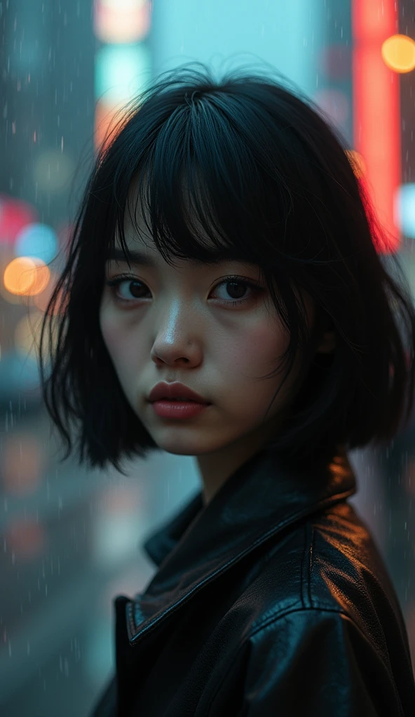 hyper-detailed frontal portrait of 25-years-old-woman, 1girl, city Pop mood, lo-fi, rainy days, black short straight hair, ((by Patrick Woodroffe style)), rainy city blurred background, digital, fantasy, highly detailed face, digital art, impressionism, deep gaze, best composition