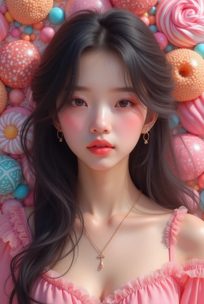 Cute korean girl that has a long hair and a candy background and has a mature face