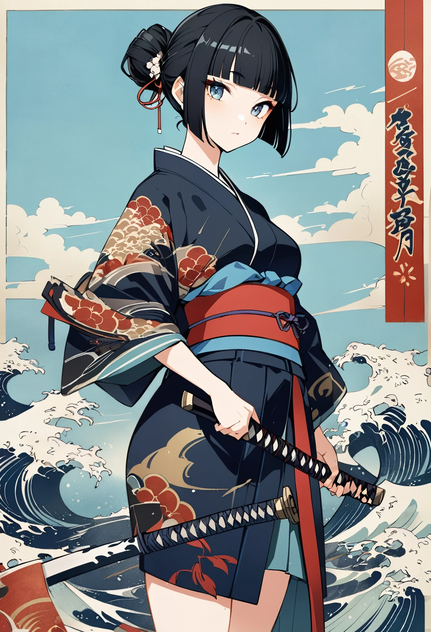 blue sky、Ukiyo-e、Ocean、Kimono dress,Black Hair、blunt bangs、Samurai、Japanese sword, face, Modern design, 1 female,Sexy concept, 