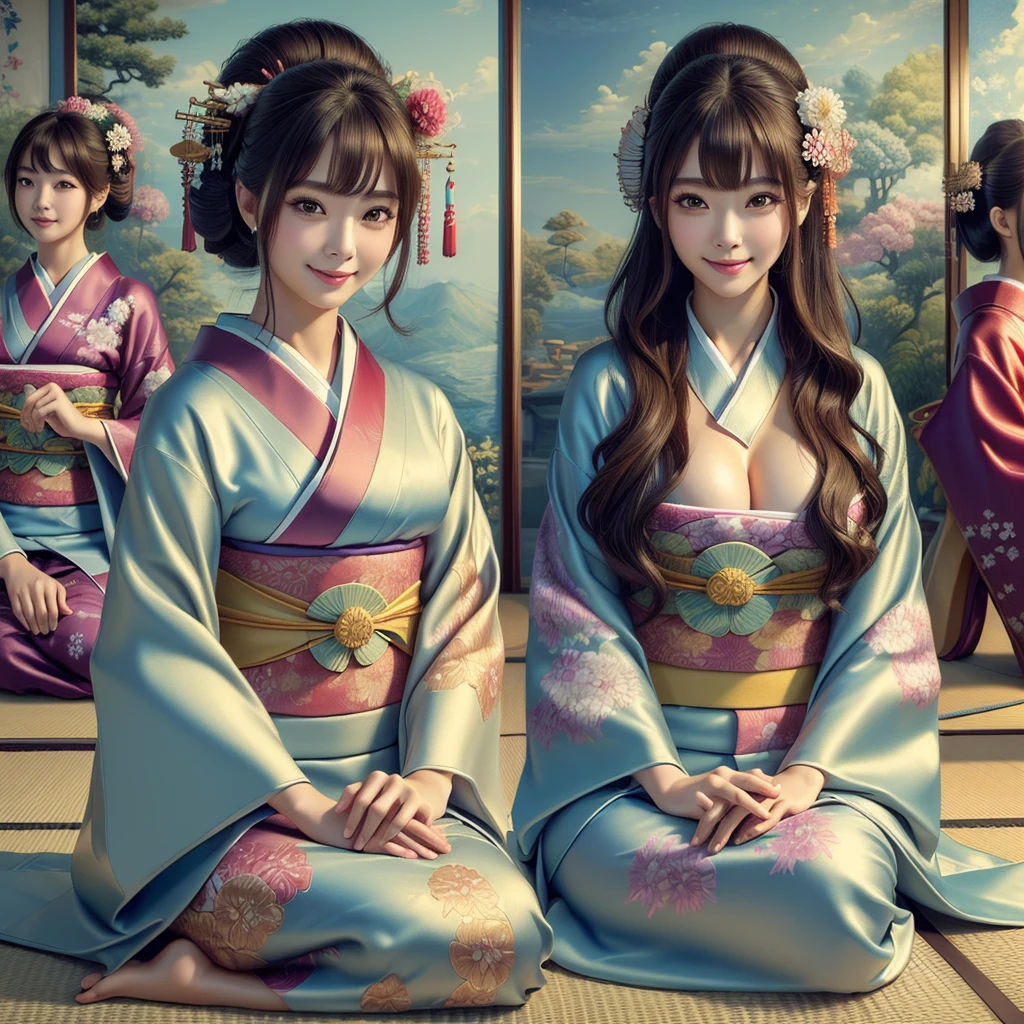(best quality, masterpiece:1.5), (ultra-detailed, realistic:1.37),4K,(2woman:1.5),japanese,cute,beautiful,(silk kimono:1.2),(seiza),(big breast),smile,