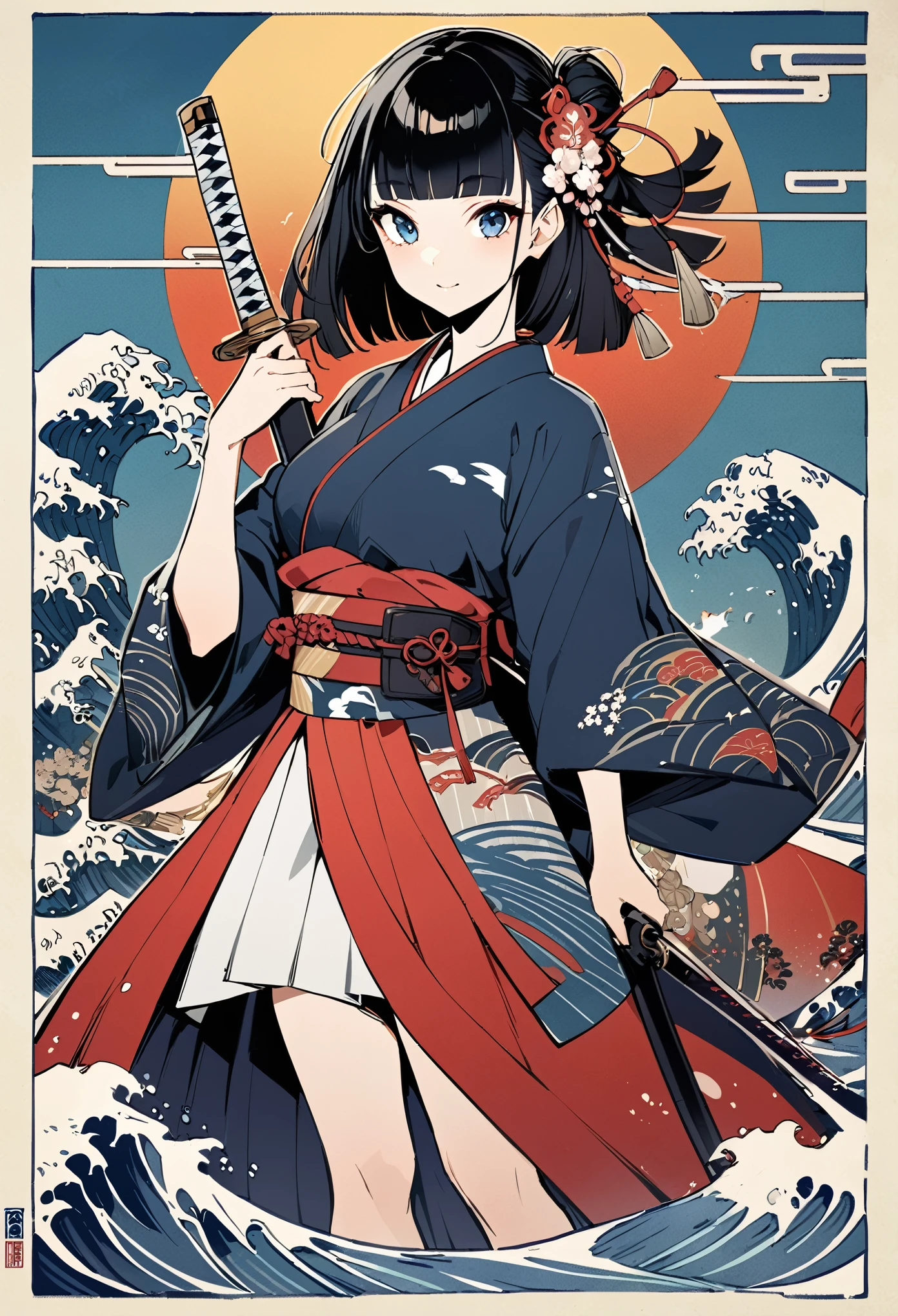 blue sky、Ukiyo-e、Ocean、Kimono dress,Black Hair、blunt bangs、Samurai、Japanese sword, face, Modern design, 1 female,Sexy concept, 