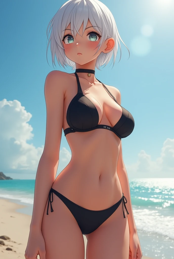 chic, Hourglass Shape, Short white hair, (((Micro Black Bikini))) , 8k画像, Highest quality at best, ((((Micro Bikini)))), Sea Beach, ((((Bottom-up view)))), (((Micro Bikini))), (((color白で輝く肌)))High contrast、(Natural skin texture、Gentle soft lighting)、Actual、Leaning forward、Dynamic Pose、Professional Lighting、Great quality、masterpiece、8k、(((Crotch detail、Detailed costume、Detailed face、Detailed eyes、Perfect skin texture、Perfect Anatomy、Correct Anatomy、Perfect proportions、Perfect Hips、The face shape is perfect、have perfect arms、Perfect hands、Perfect Fingers、Perfect toes、Has perfect legs)))、(Small butt、Thin thighs、Thick waist、Eyes of strong will、Sparkling eyes like a cat)、、D Cup、blush:1.8、、Porcelain-like skin、color_Optical Aberrations、Bokeh:1.8、(strike、(Lower Body:1.6)、、The shape of the tanden is clearly visible、Red ear、Arm cuffs、 (1 girl:1.3)、1.4 Official Art,Super detailed,Big breasts are beautiful,,masterpiece,Highest quality,