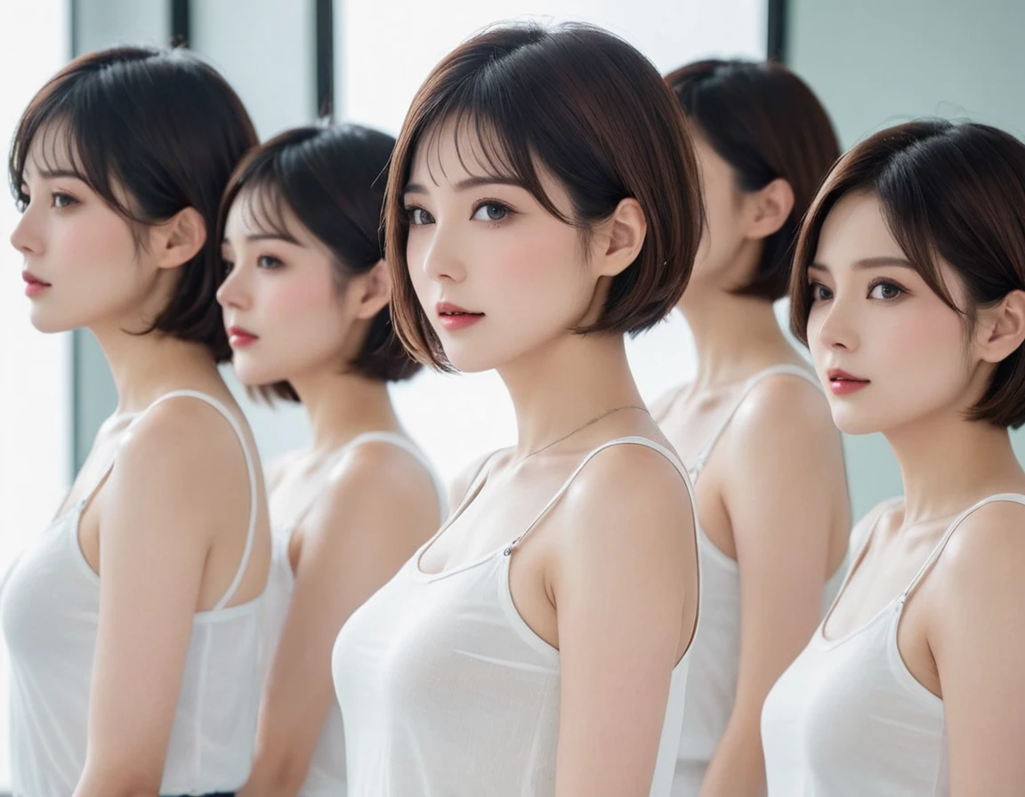The women lined up correctly, Precise alignment、Simple underwear、clone、Same person、short hair、Beautiful wife、As expressionless as an android、Same size、Same height、Attention pose, Girls lined up in an orderly fashion