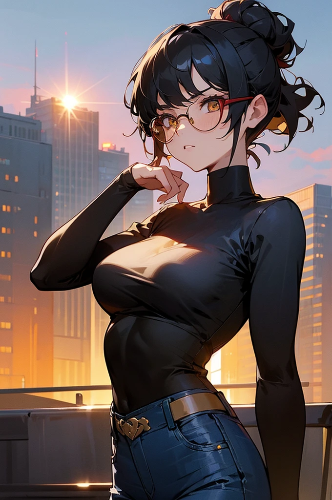 1female , undercut hair , wavy hair ,short hair, black Hair , golden Eyes , lean build ,teen female , Serious Expression , Modern City Background , modern city background, upper body, black shirt, arm, black arm sleeves, big red S symbol, blue jeans, glasses, hair in a bun, sun set background