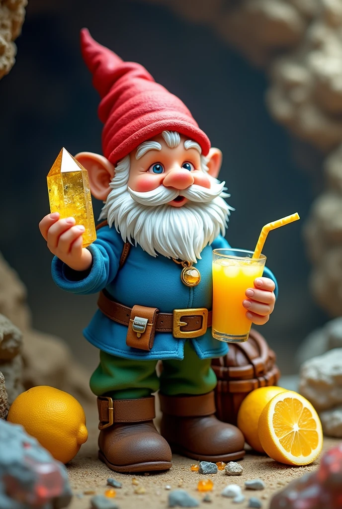 a mining gnome., wearing blue shirt, green pants, brown boots and belt, Red Hat, necklace with citrine crystal.
The gnome is holding a citrine crystal and a glass of lemonade with a lemon slice and straw inside..
ao redor, a bag, chest or cart full of citrus fruits, precious stones and some lemons.
add a small shiny piece of citrine to the lemonade.
add a working tool add more crystals around The setting is a cave with geodes or shiny gemstones.
add more crystals and gemstones to the scene