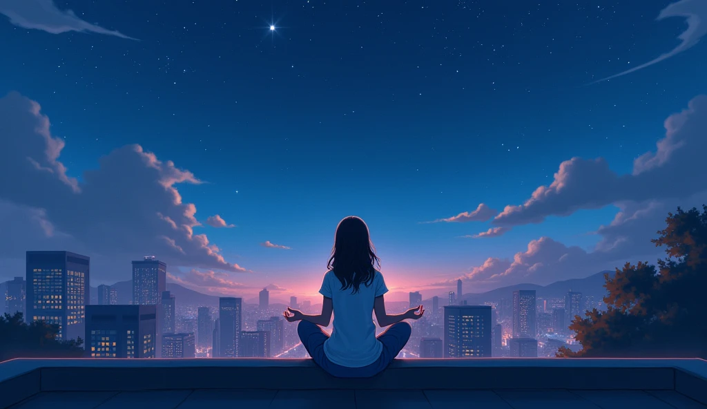 Under the stars、night、A girl meditating on the roof of a building, There is a building below, (Better Quality, 4K, High range:1.2) , Ultra-detailed, (Realistic:1.37), An illustration, Cityscape, Peaceful atmosphere, Bright colors, Soft lighting