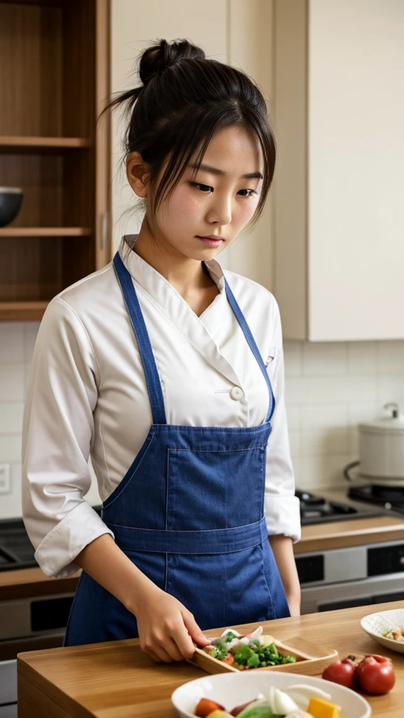 Young Japanese women, chef, hiar tied into a messy bun, sad eyes, tight messy clothes, no bra under her shirt, exhausted
