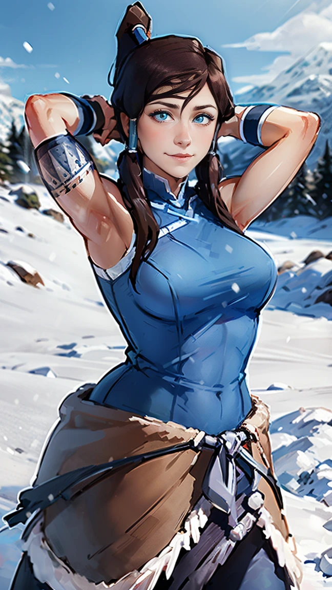 masterpiece, best quality, 1girl, korra, bright pale blue eyes, smile,standing, arms behind head pose, snow field, character surrounded by ring of fire