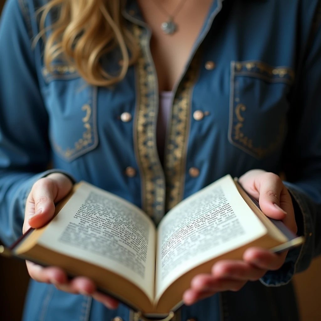 Create an image of a 37 year old woman with an open numerological book or study in her hands, with blue and gold details. Show female hands flipping through pages, to give a human and specific touch.